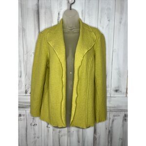 CHICOS UNLINED LIME GREEN TEXTURED 100% WOOL‎ OPEN FRONT SHAWL NECK JACKET 12 M
